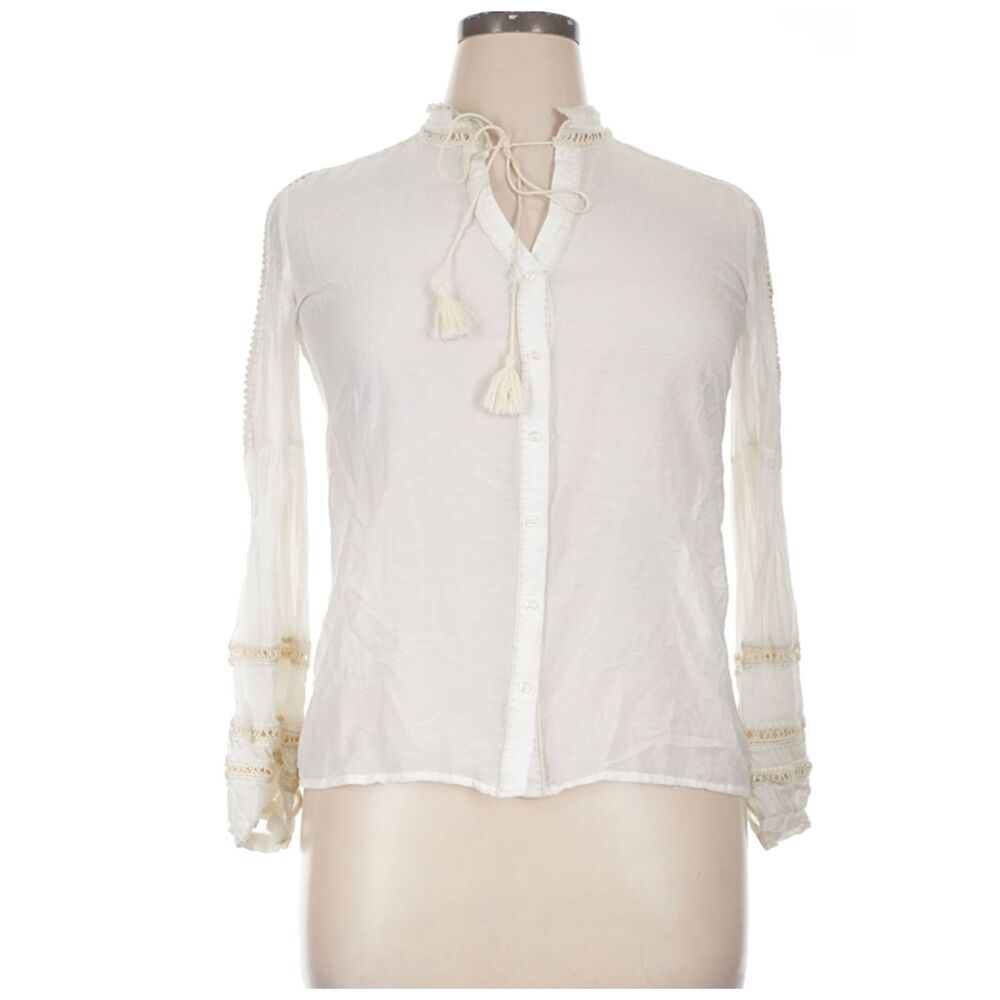 Jade by Johnny Was XL White Boho Lace Tassel Tie Neck Button Front Blouse